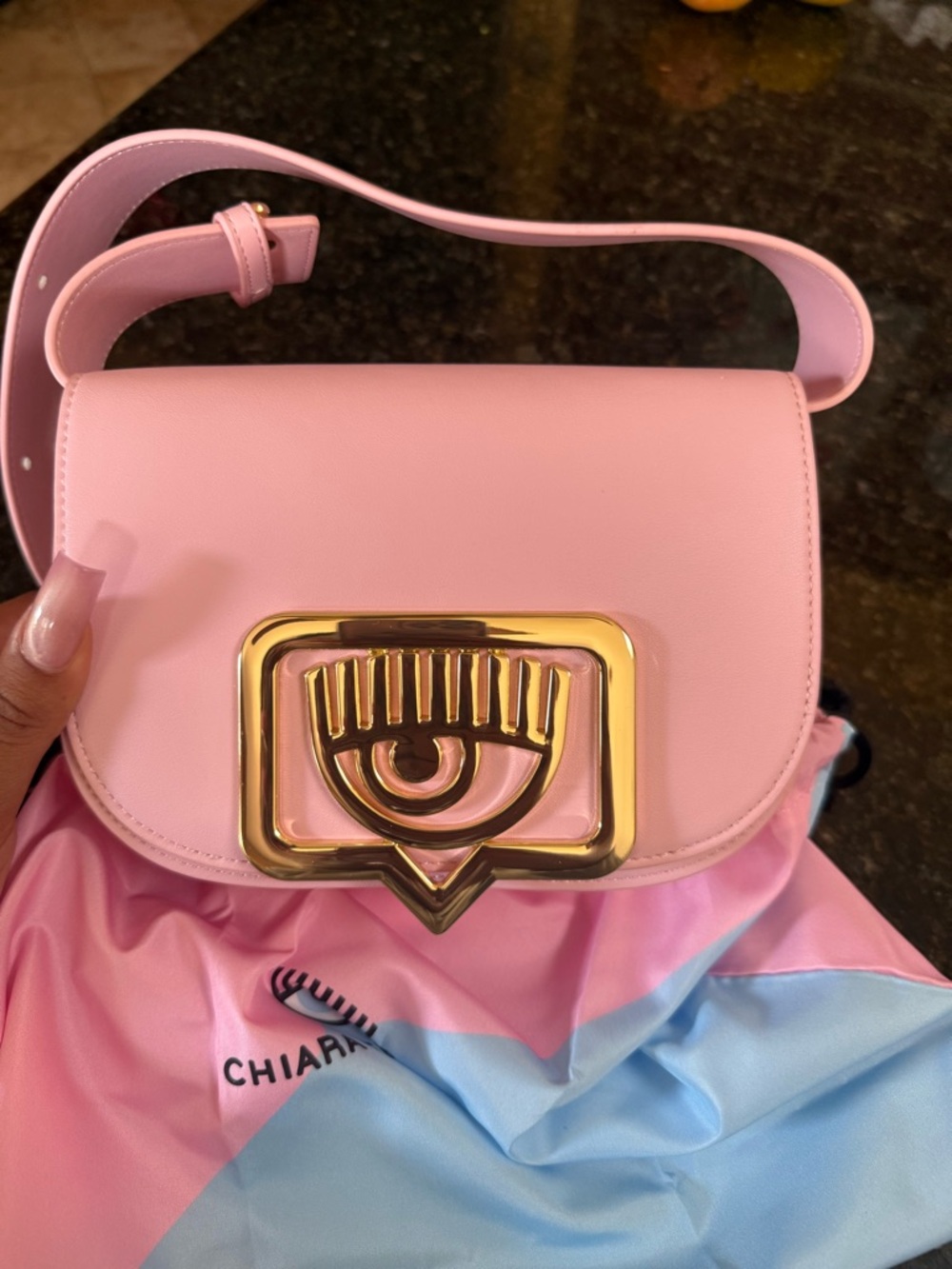 Chiara Ferragni Pink Leather Crossbody with Gold Eye Emblem